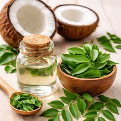 Coconut oil deeply moisturizes and Curry leaves contain nutrients
